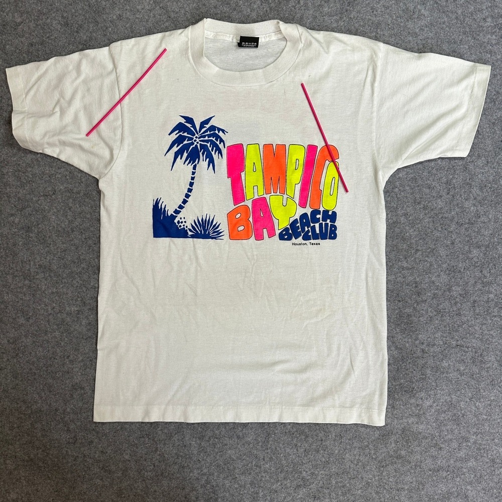 Screen Stars Tampico Bay Beach Club‎ T-Shirt Large White Vintage Lifeguard Tee